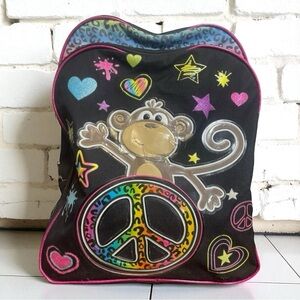Girls Black Peace Sign Monkey Backpack Rainbow Stars Hearts Book Bag​​